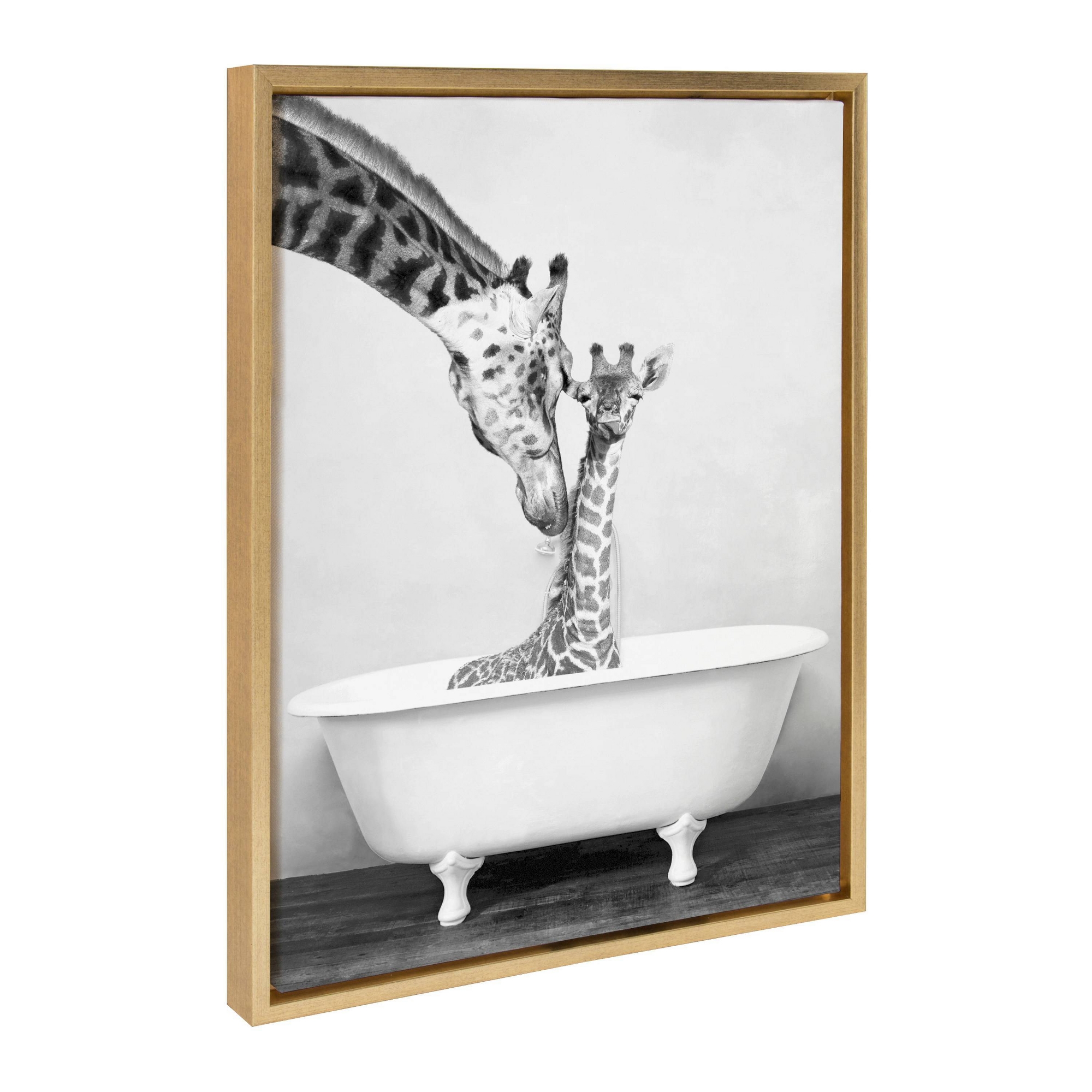 18" x 24" Sylvie Giraffe in Tub Framed Canvas by Amy Peterson Art Studio Gold: Contemporary Animal Wall Art, Vertical Decor
