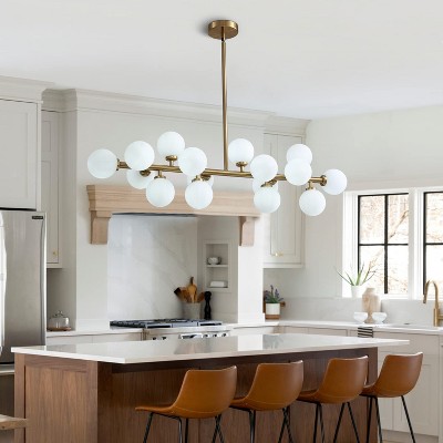 Ludomide Modern Linear Chandelier Black Hanging Pendant Light with Milky White Glass Globe Lampshade Mid Century Sputnik Pendant Light Fixture