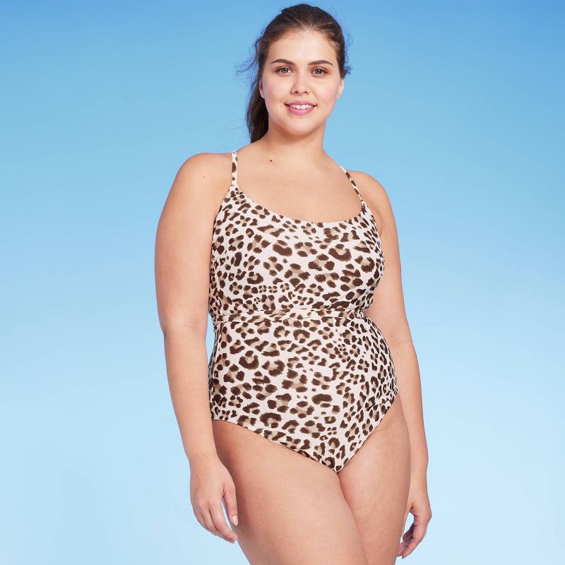 Women's Leopard Print Wrap Belt Medium Coverage One Piece Swimsuit - Kona Sol™ Beige, 1 of 11