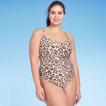 Women's Leopard Print Wrap Belt Medium Coverage One Piece Swimsuit - Kona Sol™ Beige
