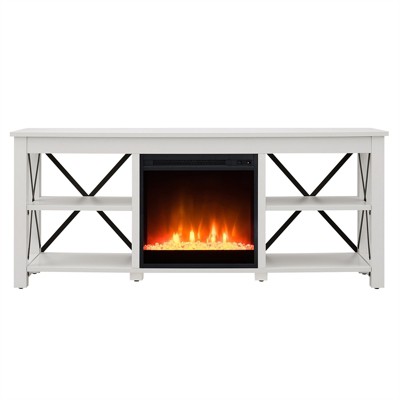 White Rectangular TV Stand with Crystal Fireplace Insert
