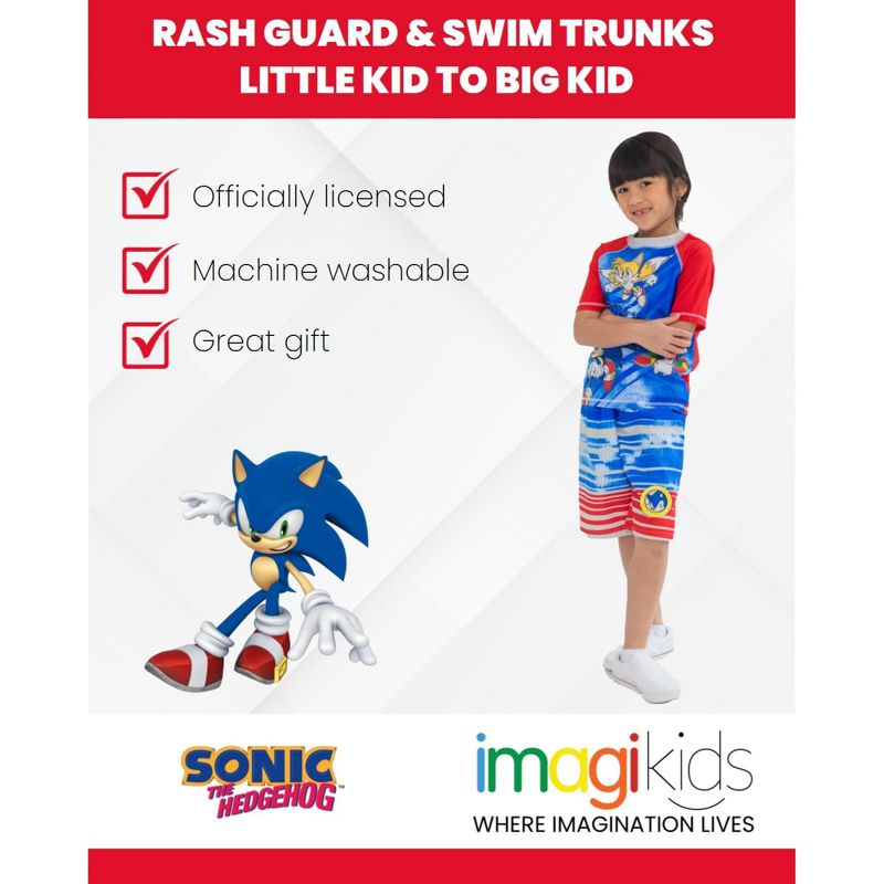SEGA Sonic the Hedgehog Knuckles Tails Sonic The Hedgehog Rash Guard and Swim Trunks Outfit Set Little Kid to Big Kid, 3 of 8