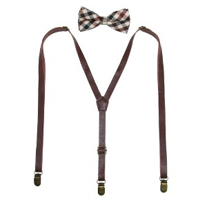 CTM Men's Brown Plaid Bow Tie with Brown Faux Leather Suspender Set - 1 of 4
