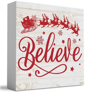 Merry Christmas with Reindeer Believe in Tree Wood Box Sign, Farmhouse Christmas Santa Artwork Decor - 1 of 4