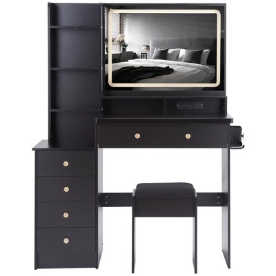 41" Large Size Left Bedside Cabinet Vanity Table+Cushioned Stool Dresser Set, 2 AC+2 USB Power Station, Hair Dryer Stand