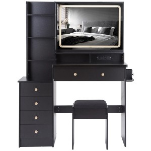 41" Large Size Left Bedside Cabinet Vanity Table+Cushioned Stool Dresser Set, 2 AC+2 USB Power Station, Hair Dryer Stand - 1 of 4