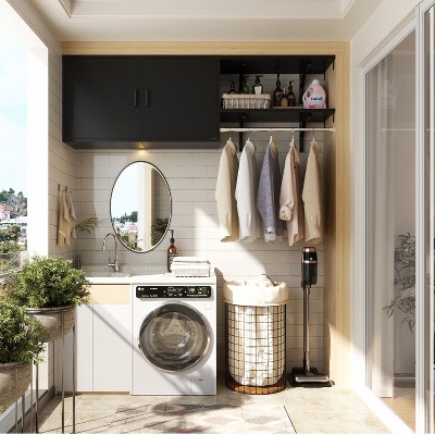 Aheaplus Wall Cabinet with Hanging Rods, Laundry Cabinet with Shelves, Reversible Cabinet with Door & Shelf Tower