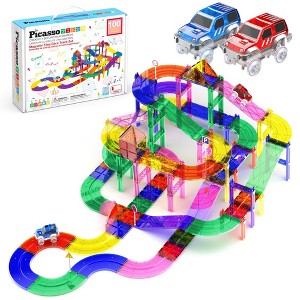 PICASSO-TILES Race Track Magnetic Tiles for Kids with 2 Racing Cars – 100PCS STEM Construction Building Blocks Educational Toy Set - 1 of 4