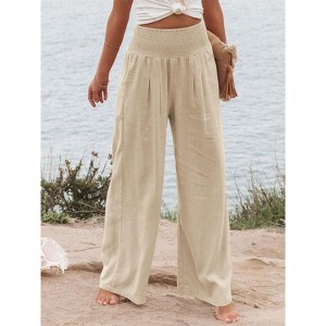 Women Summer High Waisted Cotton Linen Palazzo Pants Wide Leg Long Lounge Pant Trousers with Pocket - 1 of 3
