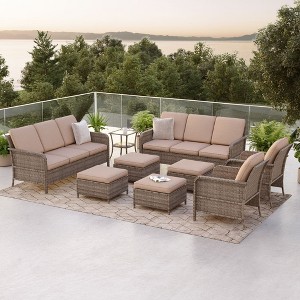 Sonkuki 9 Pieces Patio Sofa with Ottomans Set, All-Weather PE Rattan Wicker, Patio Conversation Couch with Cushion, Sand - 1 of 4