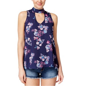 Hippie Rose Womens Keyhole Floral Knit Blouse, Blue, Large - 1 of 1