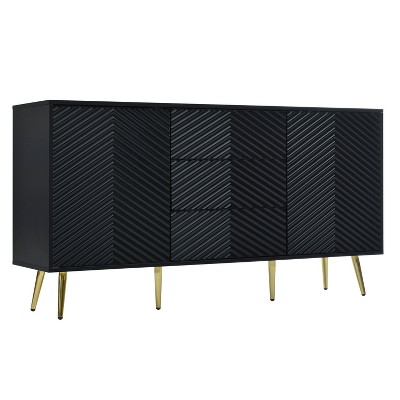 Vynxaria Modern Sideboard - Geometric Line Doors, Conical Metal Legs & Central Drawers, for Study/Entryway/Living Room