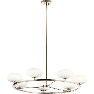 Pim 40" 7 Light Round Chandelier with Satin Etched Cased Opal Glass in Fox Gold