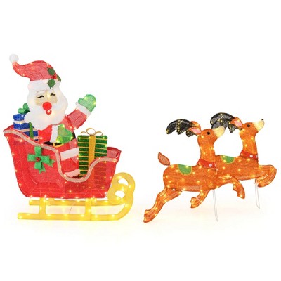 Tangkula 5 FT Christmas Lighted Reindeers with Santa Claus Sleigh Light-up Xmas Decoration Set with 239 LED Lights 12 Ground Stakes Pre-lit Glittered