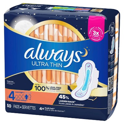 Always Ultra Thin Overnight Absorbency Unscented Pads with Wings - Size 4 - 50ct
