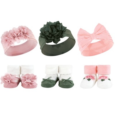 Image of Hudson Baby Infant Girl Headband and Socks Giftset, Pink Green, One Size
