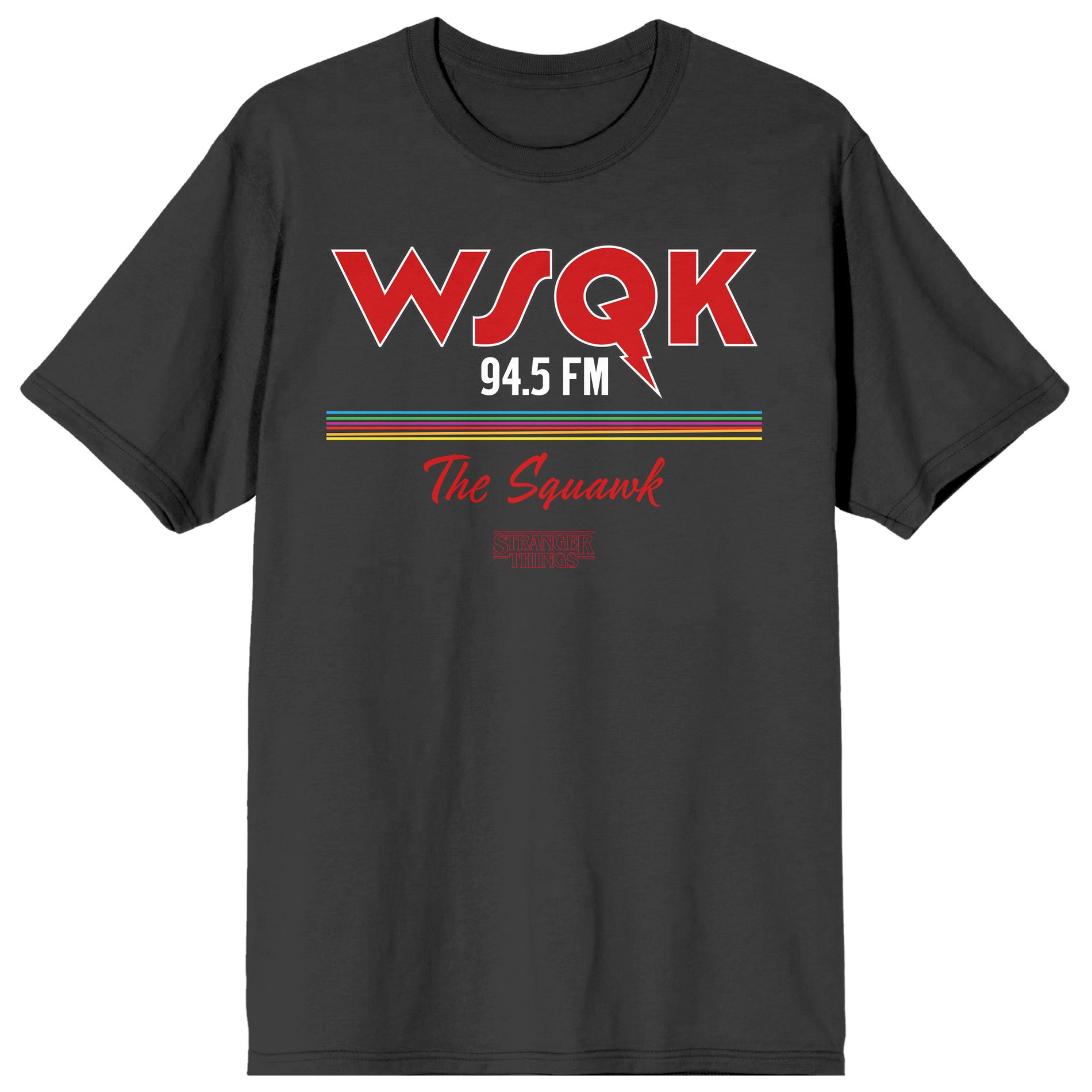 Stranger Things 5 WSQK 94.5 FM The Squawk Men's Charcoal Crew Neck Short Sleeve T-shirt