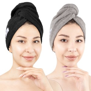 American Soft Linen 100% Cotton Hair Drying Towels for Women, 2 Pack Turkish Hair Towel Wrap, Head Towel Cap with Button, Hair Turban Towel - 1 of 4