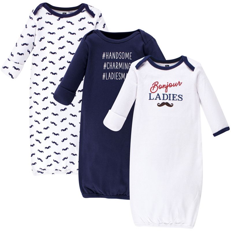 Hudson Baby Infant Boy Cotton Long-Sleeve Gowns 3pk, Bonjour, 0-6 Months, 1 of 6