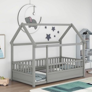 ORRD Twin Size Floor Wooden Bed with House Roof Frame, Fence Guardrails – Grey - 1 of 4
