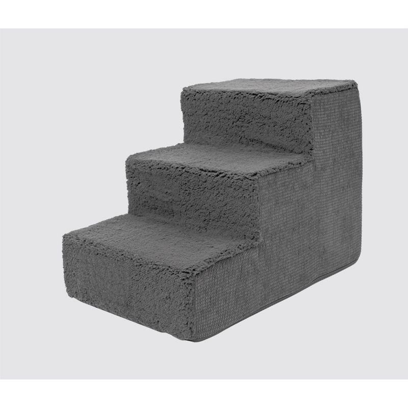 Precious Tails Faux Shearling High Density Foam Top Wide 3-Step Pet Stairs - Gray, 1 of 6