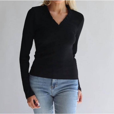 Women's Lillian Long Sleeve Tee with Ruffle Neck - Savraé S