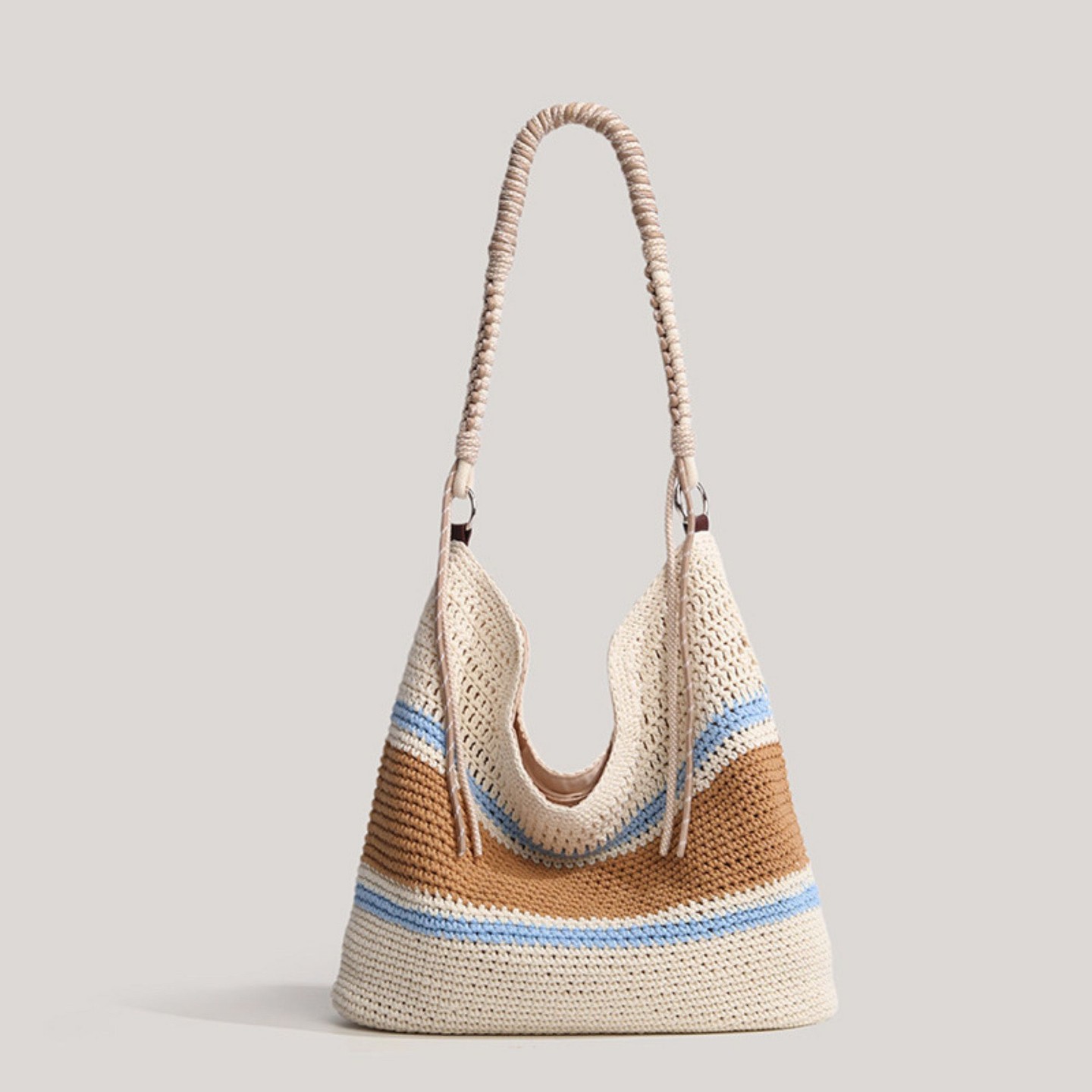 Женская сумка Alilang Woven Crochet Straw Beach Striped Vacation Shoulder Bohemian Summer Hobo Purse - Beige, цвет: Полосатый — фото 1