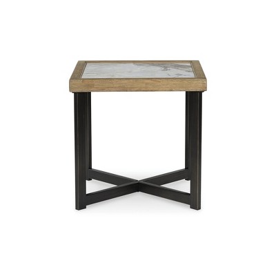 Beige and Black Square Wood and Stone End Table