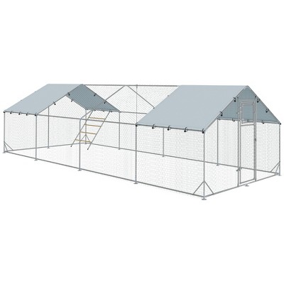 PawHut Chicken Run, Metal Chicken Coop w/ Waterproof & Anti-UV Cover, Feeding Door, Hanging Feeder, Perch