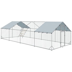 PawHut Chicken Run, Metal Chicken Coop w/ Waterproof & Anti-UV Cover, Feeding Door, Hanging Feeder, Perch - 1 of 4