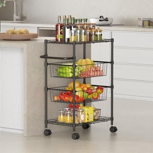 4 Tier Storage Trolley, Slimline Organiser, Mobile Grocery Trolley with 360°Swivel and Lockable Wheels / Basket and Handle, Laundry, Kitchen - 1 of 4