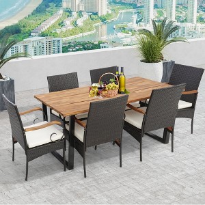 Costway 7 PCS Patio Rattan Dining Set Acacia Wood Table 6 Wicker Chairs with Umbrella Hole - 1 of 4