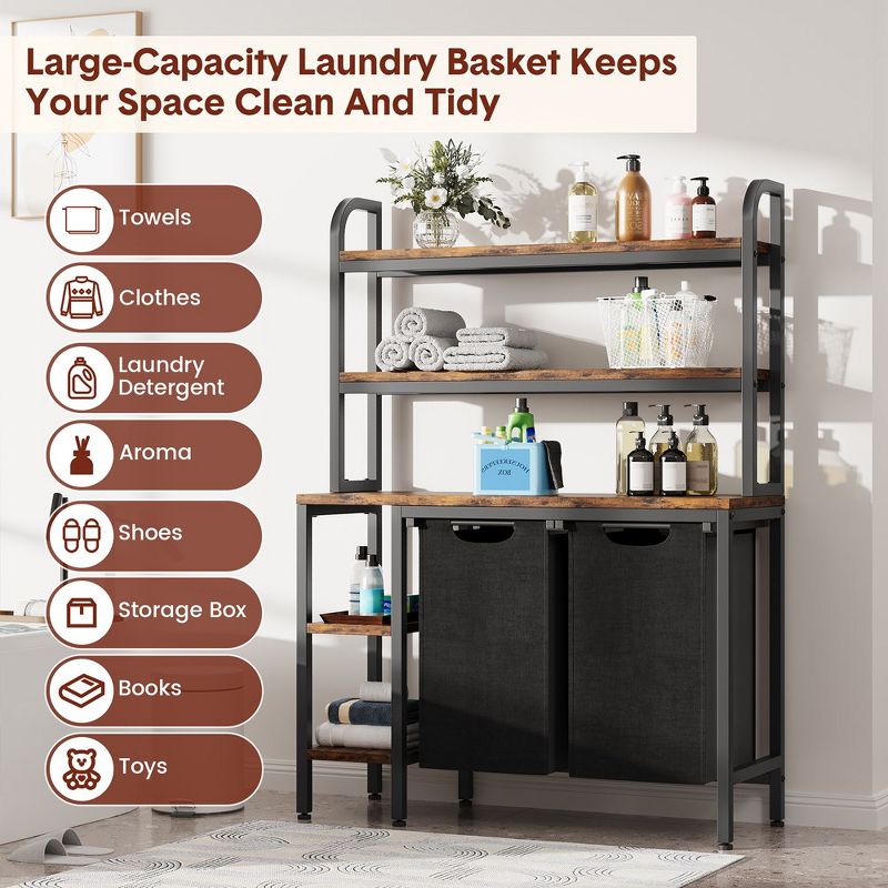 Laundry Basket,Laundry Hamper 2 Section with Side Shelves,3 Tiers Laundry Sorter with 2 Pull-Out and Removable Laundry Bags,Black & Rustic Brown, 4 of 10
