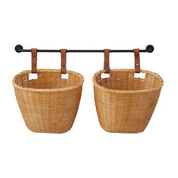 14"x23" Bamboo Kitchen Hanging Wall Basket with Black Rod and Faux Leather Straps Brown - Olivia & May
