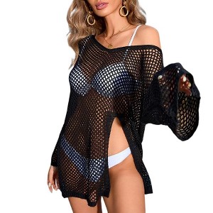 Womens Beach Cover Ups with Slit V Neck Loose Fit Mesh Cover Up Tops Lightweigt Crochet Mesh Tops - 1 of 3