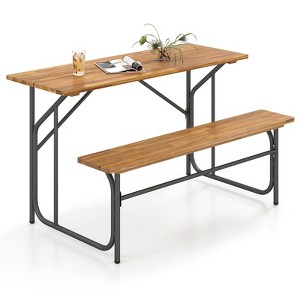 Tangkula Patio Table Bench Set for 2 Picnic Table & Loveseat w/Acacia Wood Top Metal Legs - 1 of 4