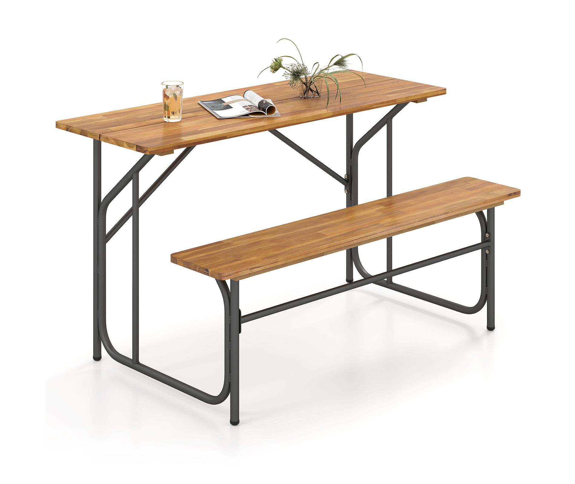 Tangkula Patio Table Bench Set for 2 Picnic Table & Loveseat w/Acacia Wood Top Metal Legs