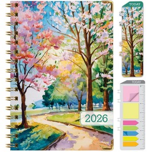 HARDCOVER 2026 Planner, 5.5"x8": 14 Months (Nov 2025-Dec 2026), Daily/Weekly/Monthly,  Bookmark, Pocket Folder w Sticky Notes (Watercolor Tree) - 1 of 4