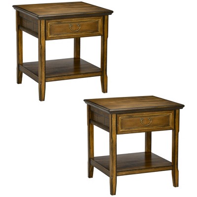 HOMCOM Vintage Side Table for Living Room Storage End Table with Antique Handle Drawer & Shelf, Wooden Side Table, Set of 2, Dark Coffee