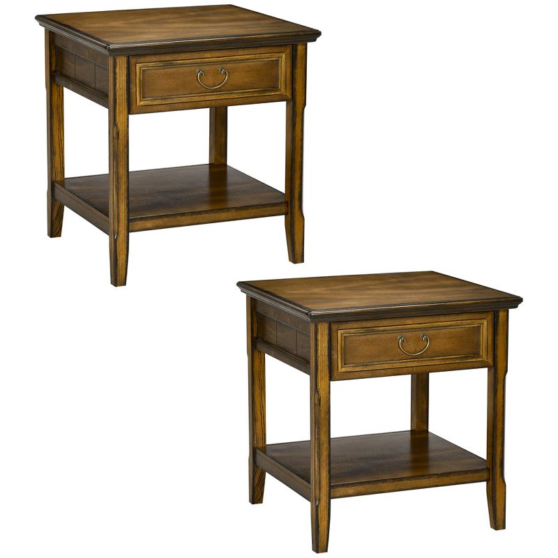 HOMCOM Vintage Side Table for Living Room or Bedroom Storage End Table with Antique Handle Drawer & Shelf, Wooden Side Table, Set of 2, Dark Coffee, 1 of 7