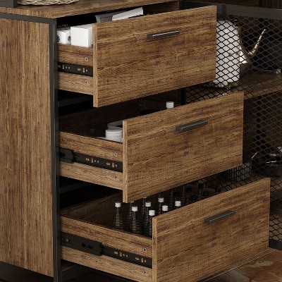 Brown Wood and Metal Mesh 3-Door Kitchen Pantry Cabinet