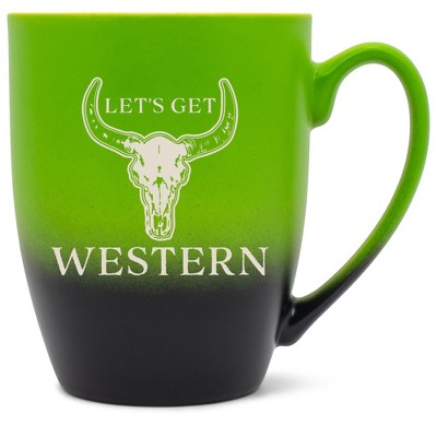 100 North Bull Skull 10 Ounce Green and Black Two Toned Ombre, Comfortably Fits Your Hands, Ceramic Tea Coffee Cup Mug, Let's Get Western