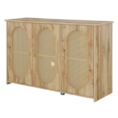 TIRAMISUBEST Retro Sideboard - 3-Door Rattan Storage Cabinet