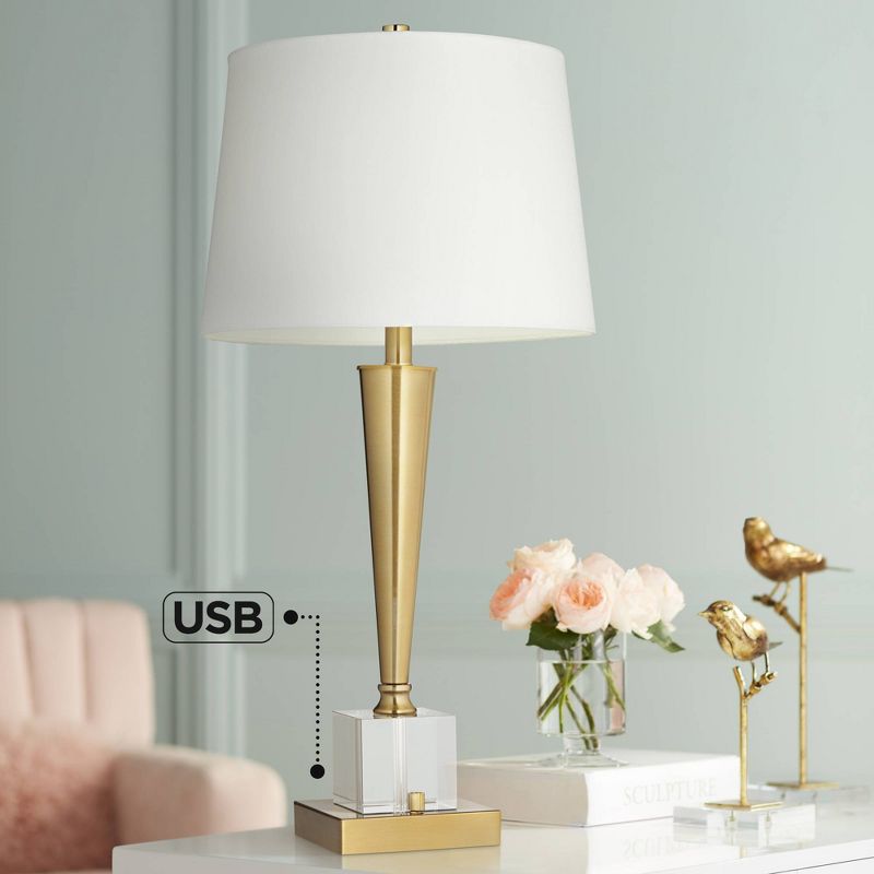 Possini Euro Design Wayne 29 1/4" Tall Modern Glam End Table Lamp USB Port Brass Finish Metal Crystal Single White Shade Living Room Charging Bedroom, 2 of 10