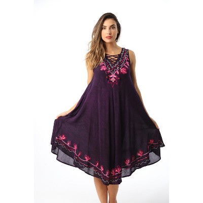Riviera Sun Acid Wash Lace Up Embroidered Dress for Women