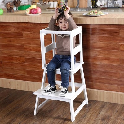 White Wooden 2-Step Kids Kitchen Step Stool with Safety Rail
