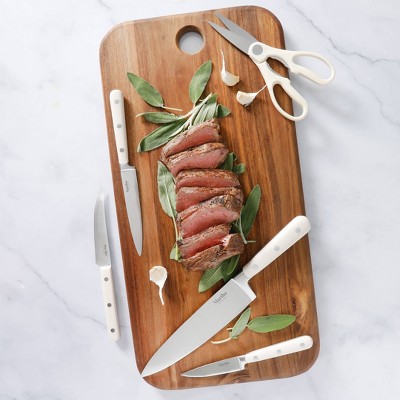 Linen White 14-Piece Stainless Steel Knife Set with Acacia Block