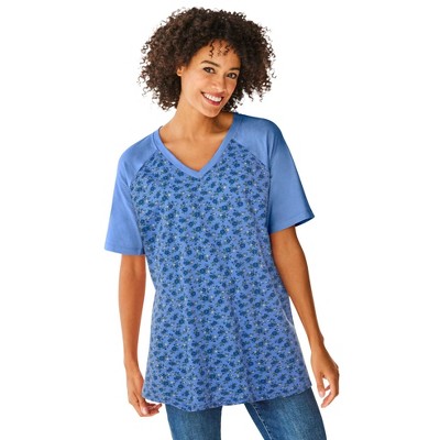 Woman Within Plus Size Elbow Sleeve V-Neck Baseball Tee