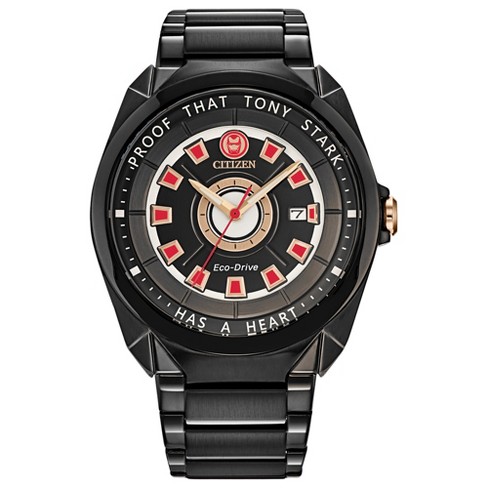 Marvel Citizen Eco-Drive Watch Featuring Tony Stark I Love You 3000" Black IP Stainless Steel, 3-Hand Date - image 1 of 3