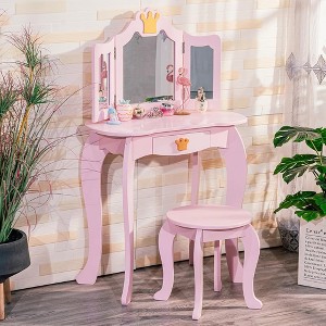 Whizmax 2-in-1 Kids Vanity, Wooden Princess Makeup Desk Dressing Table, Pretend Play Vanity Set for Kids - 1 of 4
